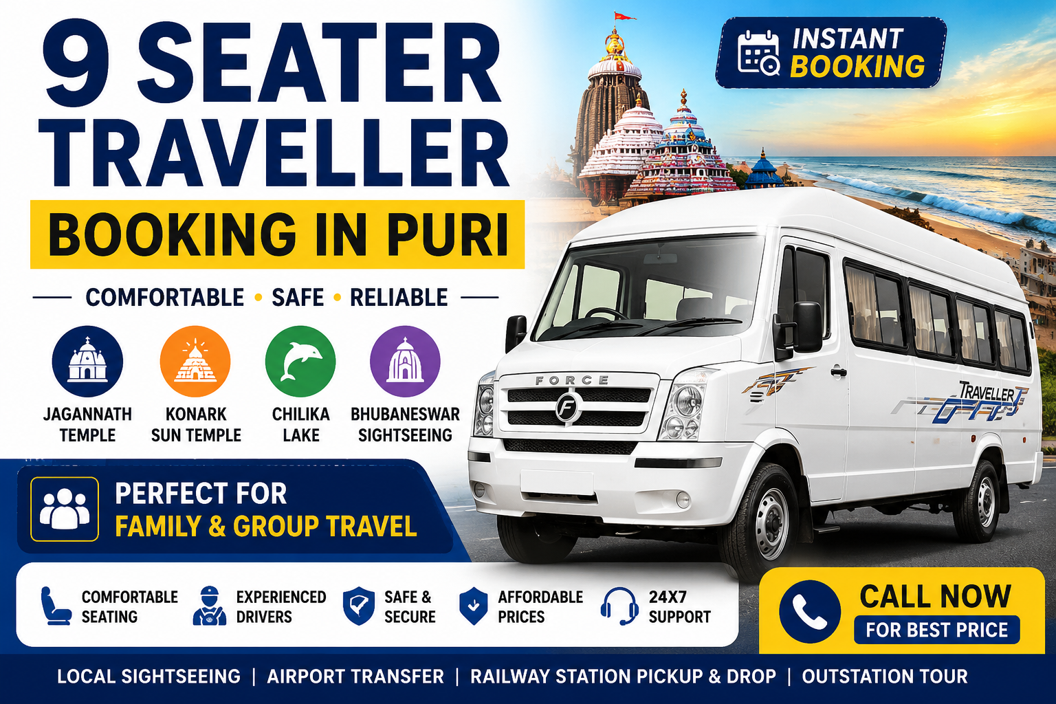 9 Seater Traveller Booking in Puri | Best Tempo Traveller Hire in Puri