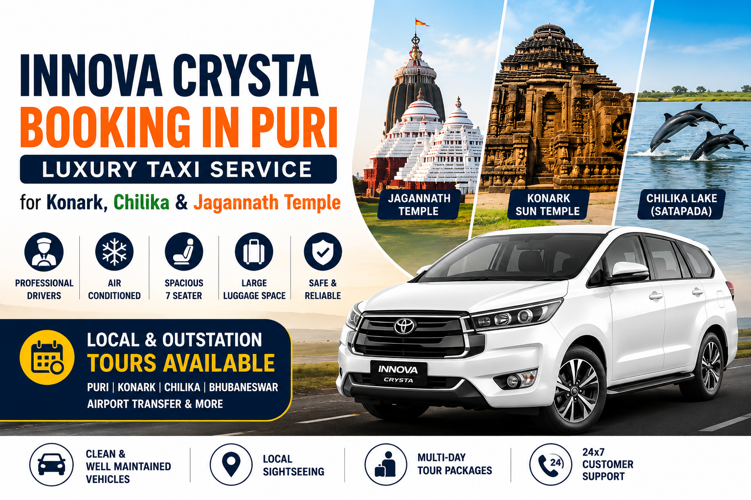 Innova Crysta Booking in Puri | Luxury Taxi Service for Konark, Chilika & Jagannath Temple